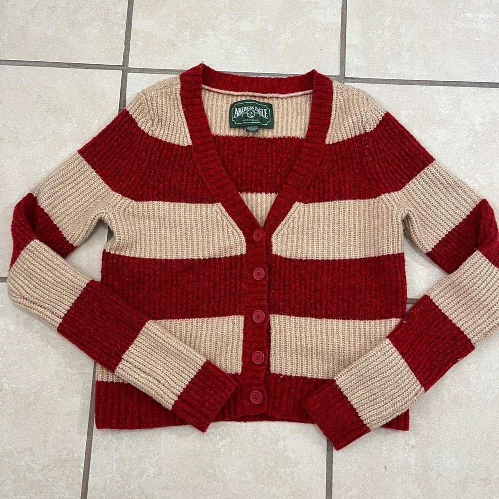 Abercrombie & Fitch Red and Tan Striped Women's Sweater